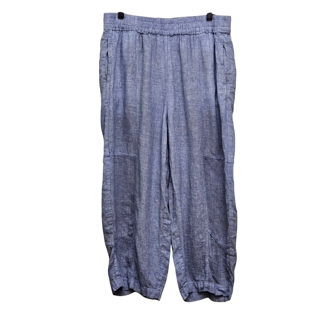 Poetry Linen Crop Pants Womens 14 Blue Wide Leg Elastic Waist Coastal Lagenlook